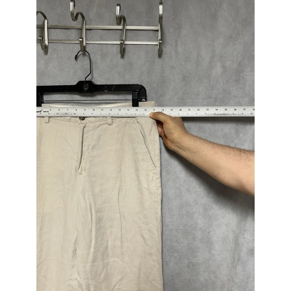 LL Bean Pants Men 34X32 Beige Cuff Straight Linen Baggy Coastal Academia Resort